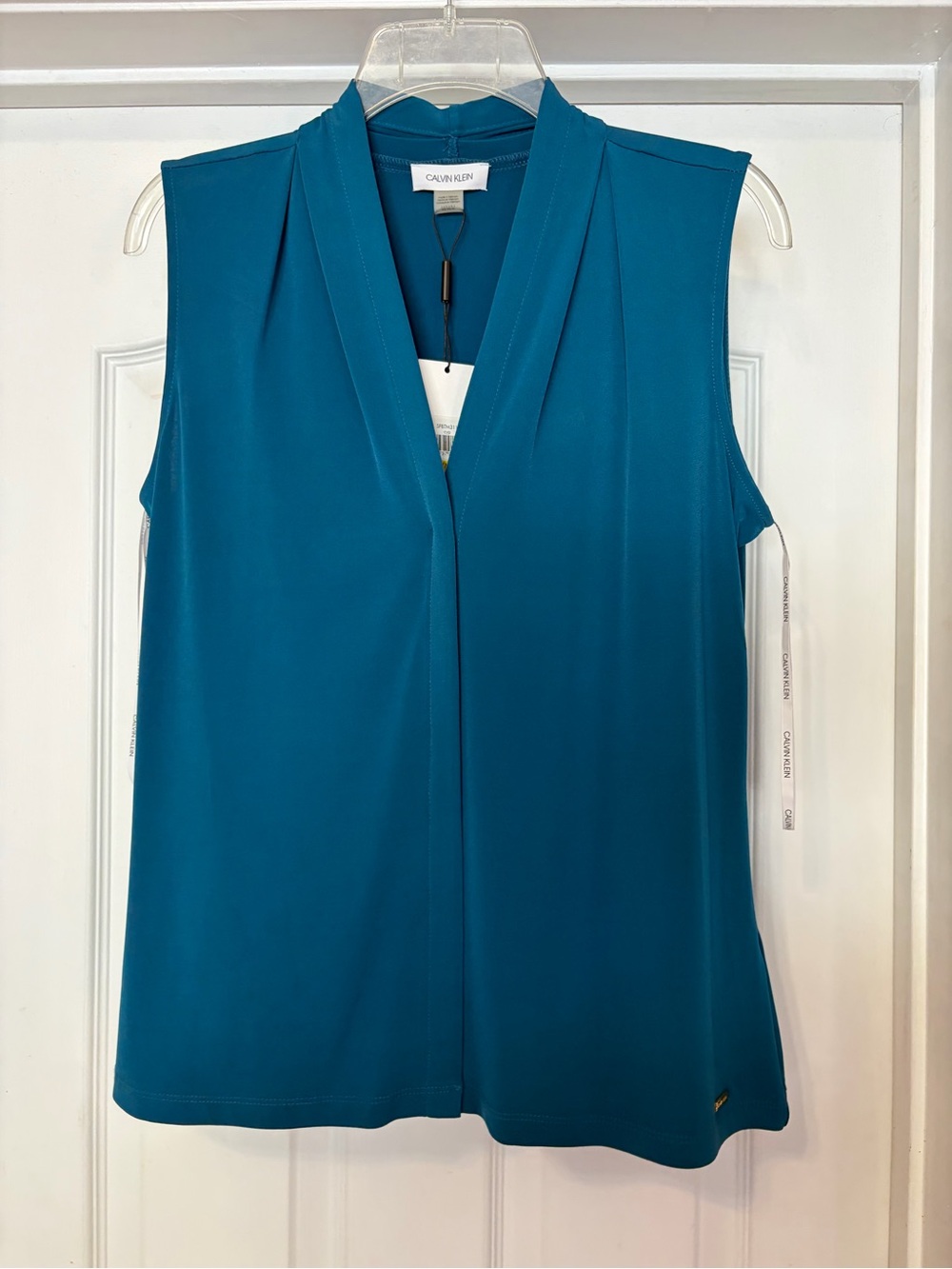 Calvin Klein Matte Jersey V-Neck Shoulder Pleat Sleeveless Top Blue Medium NWT
